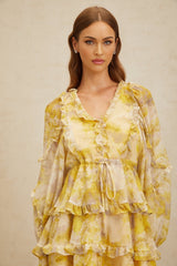 Biancamaria Mini Dress - V - Neck - Long Puff Sleeves - Cinched Waist - Graphic Print - Ruffled Trim