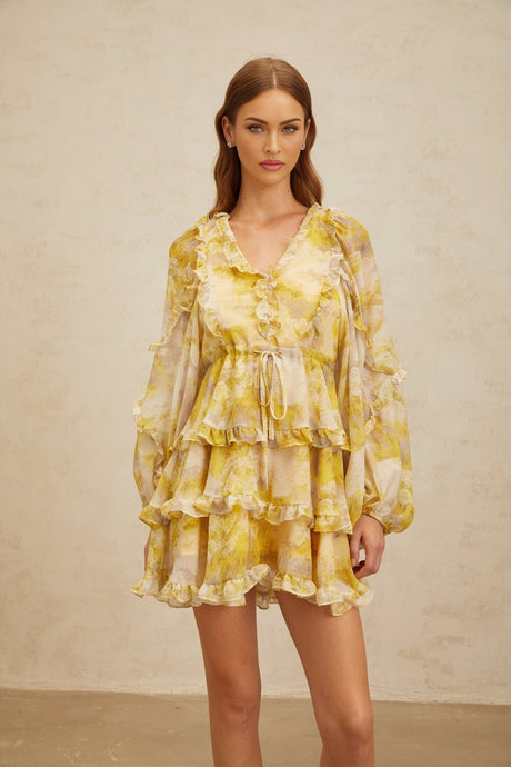 Biancamaria Mini Dress - V - Neck - Long Puff Sleeves - Cinched Waist - Graphic Print - Ruffled Trim