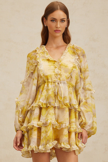 Biancamaria Mini Dress - V - Neck - Long Puff Sleeves - Cinched Waist - Graphic Print - Ruffled Trim