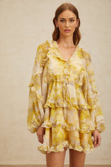 Biancamaria Mini Dress - V - Neck - Long Puff Sleeves - Cinched Waist - Graphic Print - Ruffled Trim