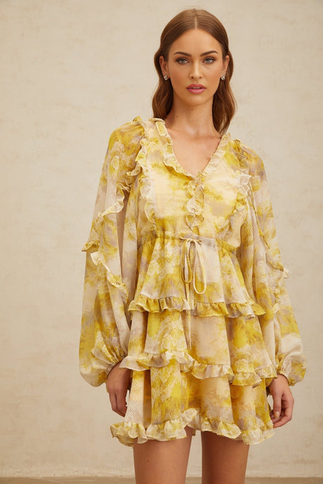 Biancamaria Mini Dress - V - Neck - Long Puff Sleeves - Cinched Waist - Graphic Print - Ruffled Trim