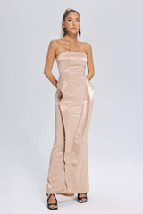 Bianchina Beige Satin Fishtail Maxi Dress with Side Pockets