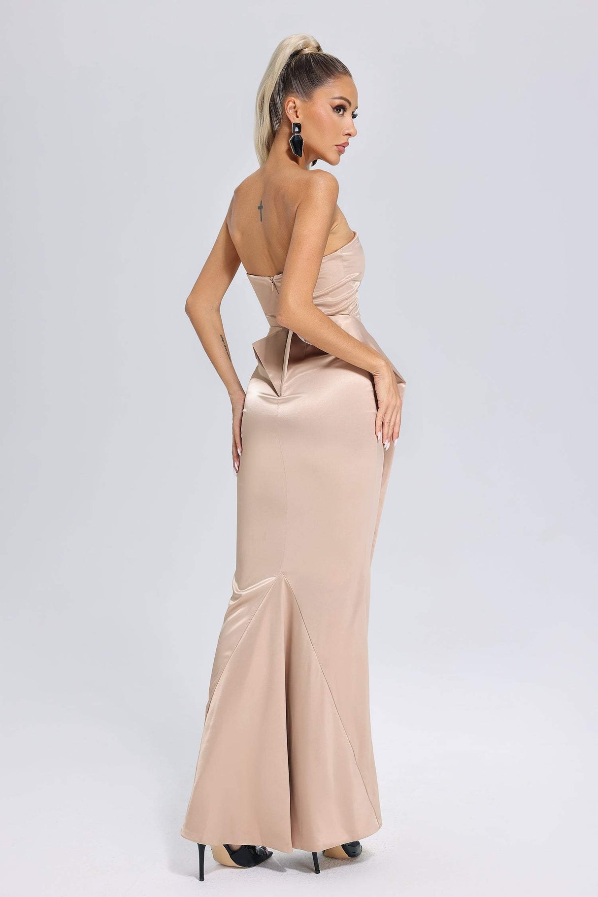 Bianchina Beige Satin Fishtail Maxi Dress with Side Pockets for Evening Events and Weddings