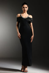 Bianchina Black Maxi Dress with Off-the-Shoulder Neckline and Diamond Detailing