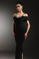Bianchina Black Maxi Dress with Off-Shoulder Neckline and Diamond Detailing