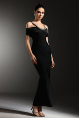 Bianchina Black Off-Shoulder Diamond Detail Maxi Dress