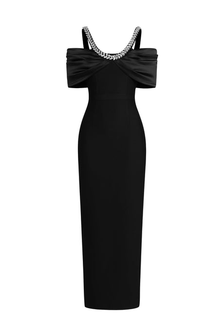 Bianchina Black Off-Shoulder Diamond Detail Maxi Dress