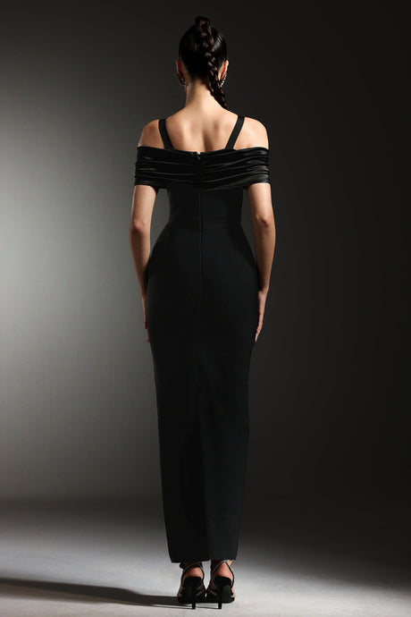 Bianchina Black Off-Shoulder Diamond Detail Maxi Dress