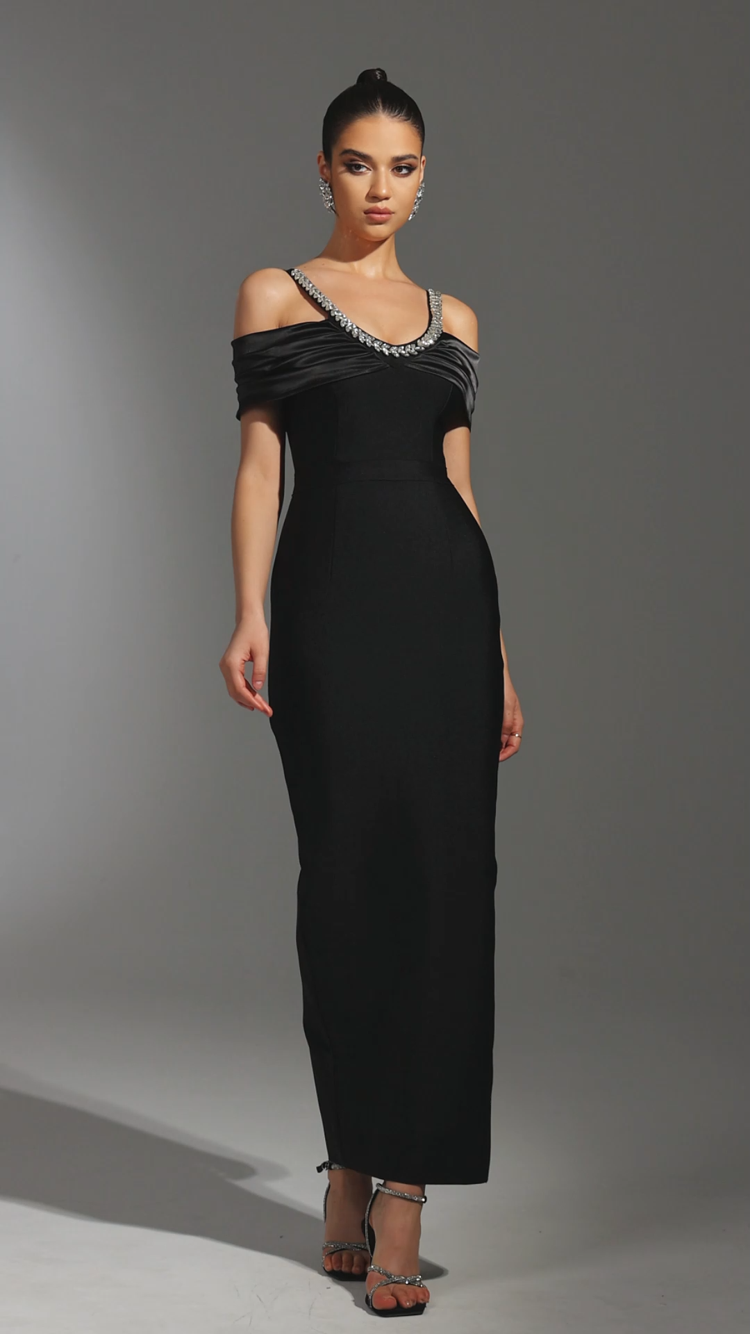 Bianchina Black Off-Shoulder Diamond Detail Maxi Dress