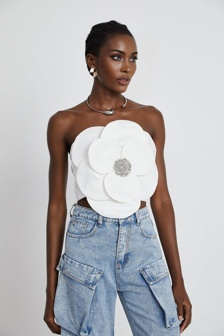 Bianchina Floral Top - Sleeveless Off the Shoulder with Floral Appliqu Crystal Embellishment Trendy Cropped