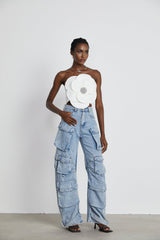 Bianchina Floral Top - Sleeveless Off the Shoulder with Floral Appliqu Crystal Embellishment Trendy Cropped