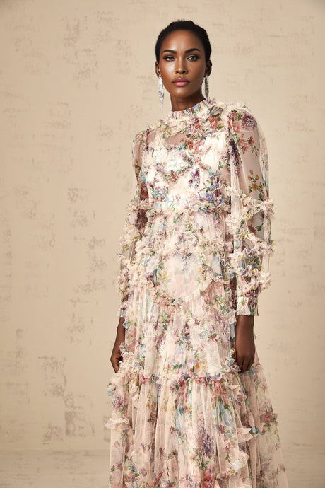Bianchina Midi Dress – Crew Neck – Floral Print – Tulle Overlay