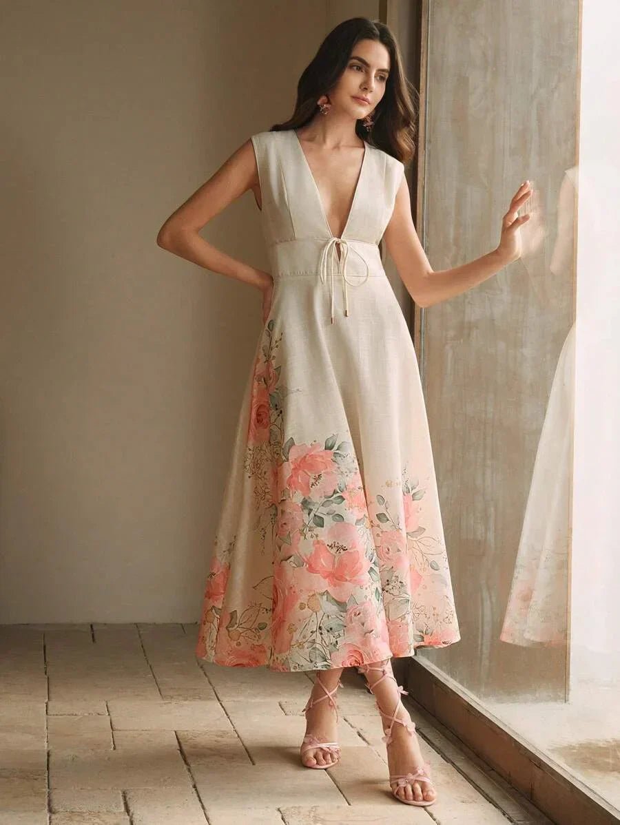Bianchina Midi Dress - Deep V Neck - High Waist - A Line - Floral Print - Elegant