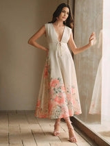 Bianchina Midi Dress - Deep V Neck - High Waist - A Line - Floral Print - Elegant