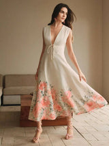 Bianchina Midi Dress - Deep V Neck - High Waist - A Line - Floral Print - Elegant