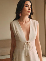 Bianchina Midi Dress - Deep V Neck - High Waist - A Line - Floral Print - Elegant