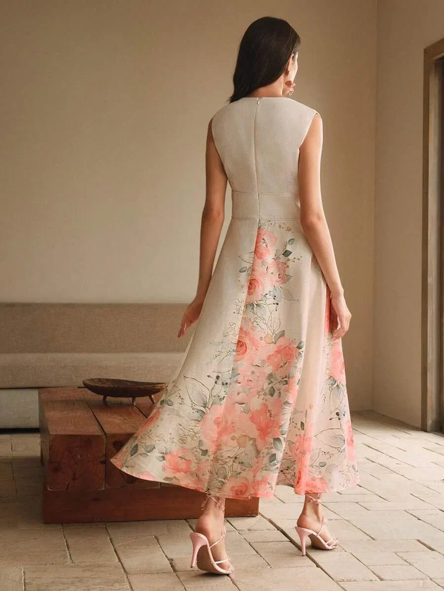 Bianchina Midi Dress - Deep V Neck - High Waist - A Line - Floral Print - Elegant