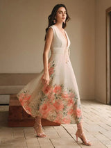 Bianchina Midi Dress - Deep V Neck - High Waist - A Line - Floral Print - Elegant