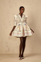 Bianchina Mini Dress Neutral Multi Belted V - Neck Pattern & Button Mini - Length