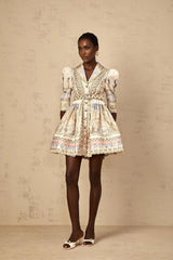 Bianchina Mini Dress Neutral Multi Belted V - Neck Pattern & Button Mini - Length