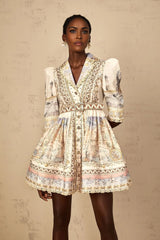 Bianchina Mini Dress Neutral Multi Belted V - Neck Pattern & Button Mini - Length