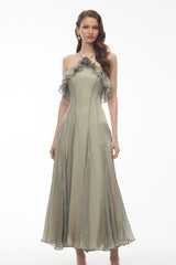 Bianka Green Pleated Maxi Dress with 3D Florals