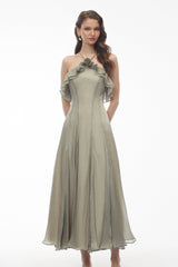 Bianka Green Pleated Maxi Dress with 3D Florals