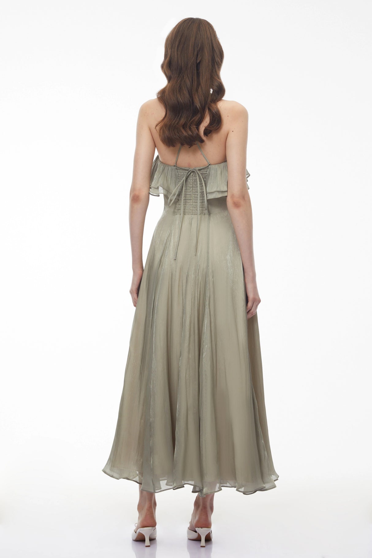 Bianka Green Pleated Maxi Dress with 3D Florals