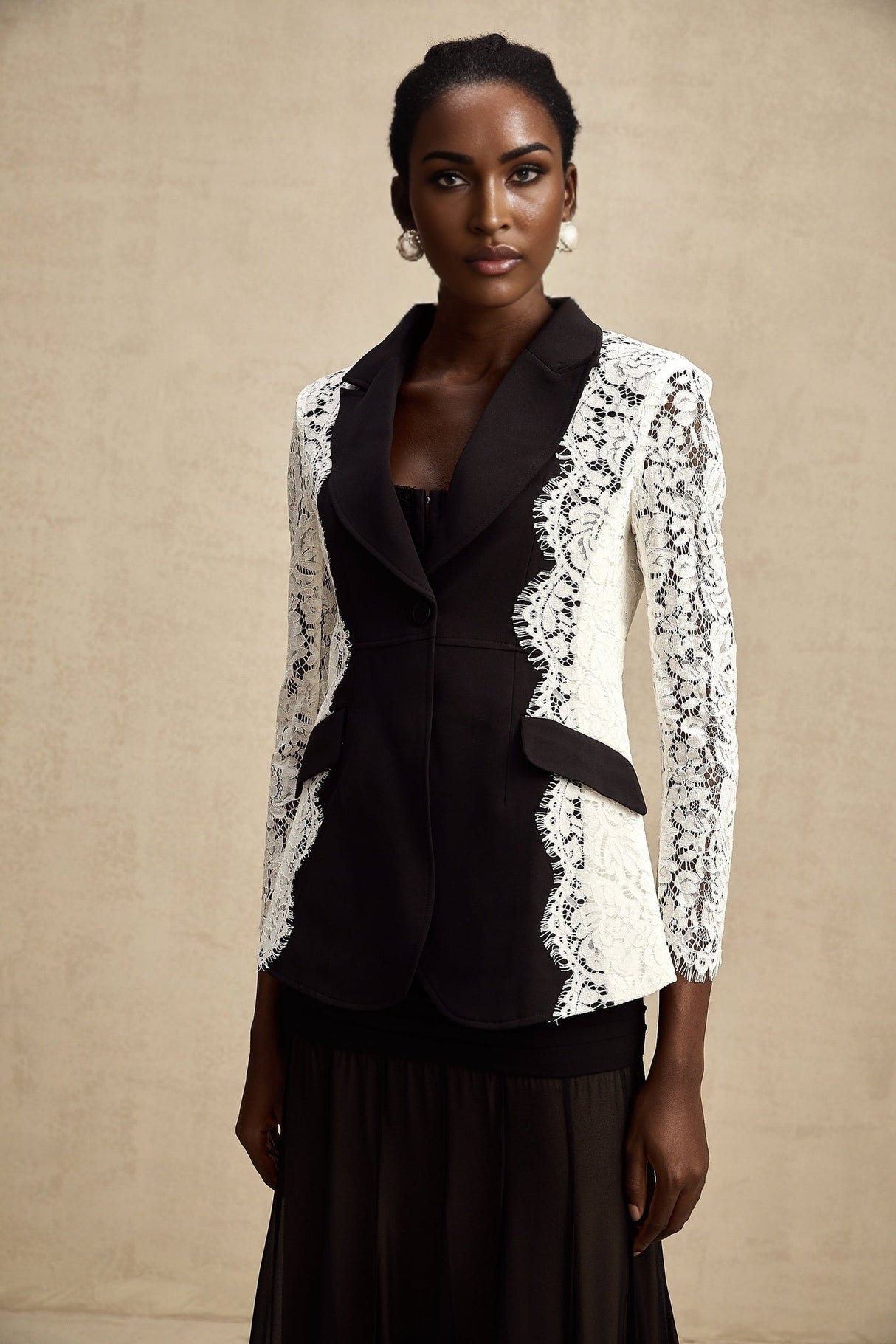 Bice Blazer - Long Sleeves - Color Blocking - Panel Design - Lace Trim