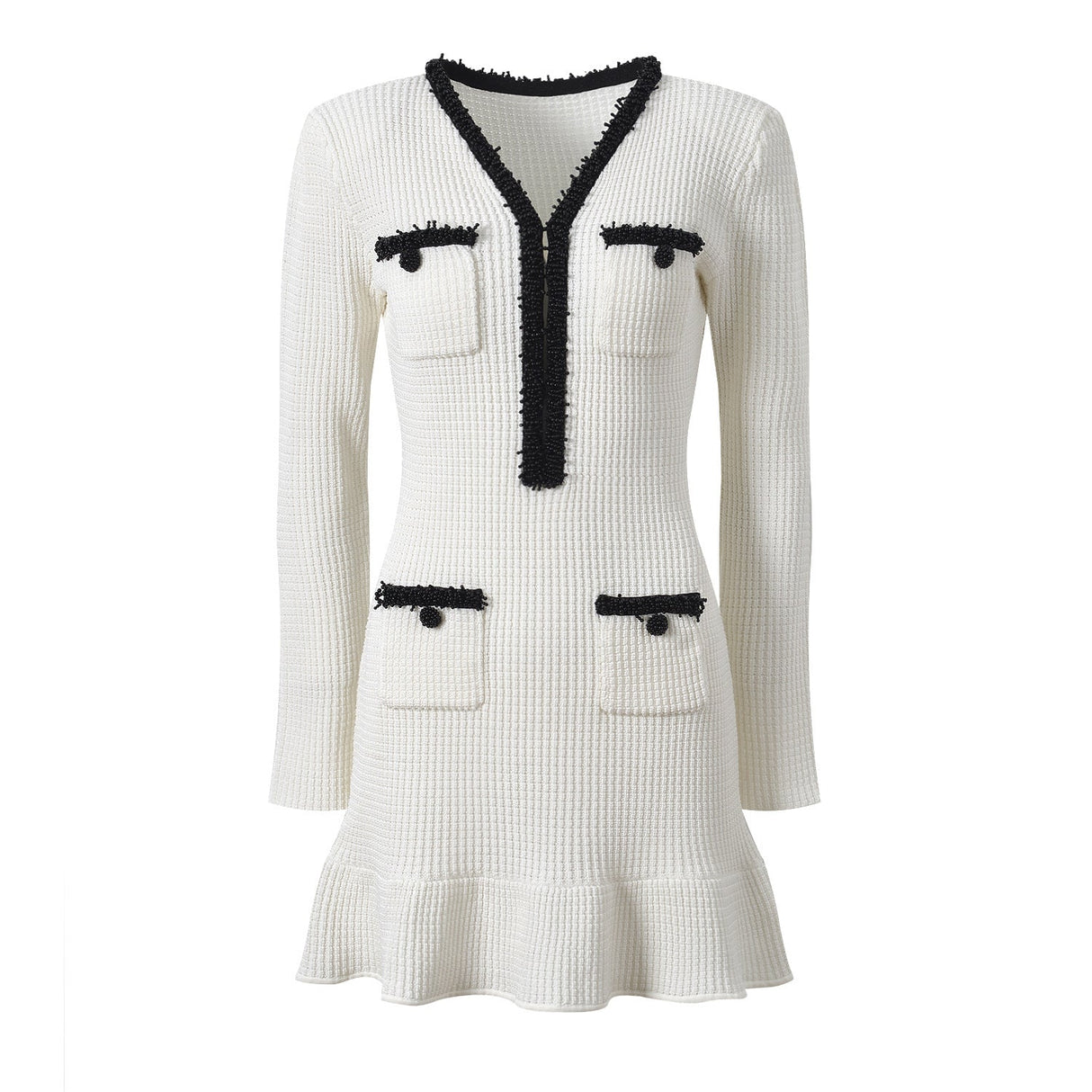 Bice Dress - Tailored Waist With Flared Hem - V - Neck With Contrasting Trim - Form - Fitting Yet Comfortable - Chic Modern Silhouette - Textured Knit Fabric