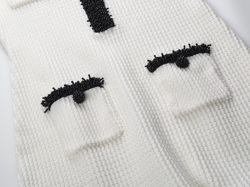 Bice Dress - Tailored Waist With Flared Hem - V - Neck With Contrasting Trim - Form - Fitting Yet Comfortable - Chic Modern Silhouette - Textured Knit Fabric