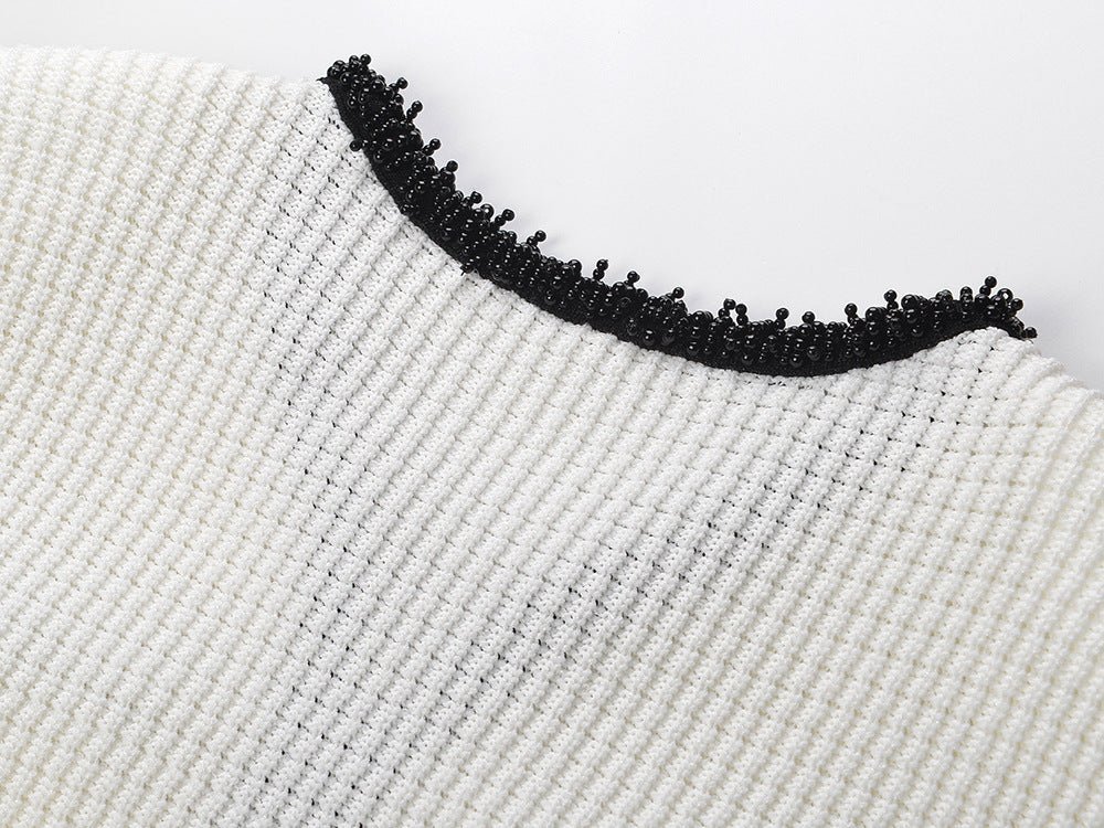 Bice Dress - Tailored Waist With Flared Hem - V - Neck With Contrasting Trim - Form - Fitting Yet Comfortable - Chic Modern Silhouette - Textured Knit Fabric