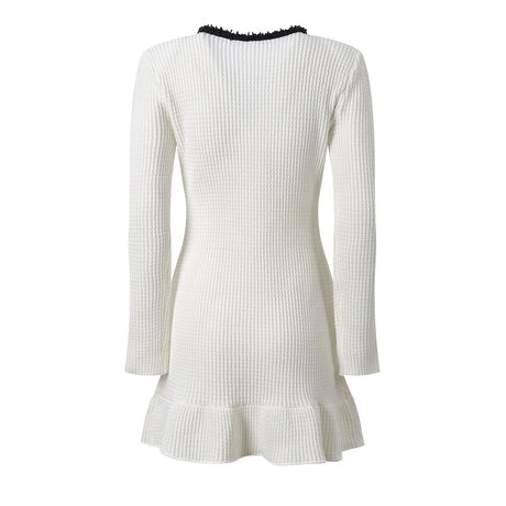 Bice Dress - Tailored Waist With Flared Hem - V - Neck With Contrasting Trim - Form - Fitting Yet Comfortable - Chic Modern Silhouette - Textured Knit Fabric