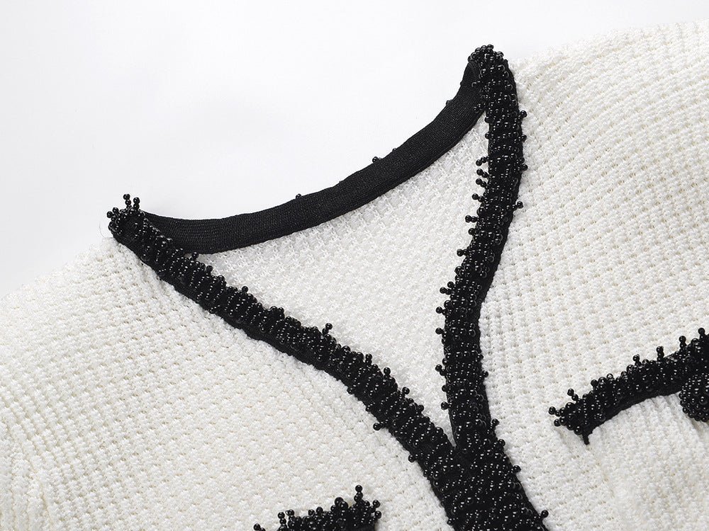 Bice Dress - Tailored Waist With Flared Hem - V - Neck With Contrasting Trim - Form - Fitting Yet Comfortable - Chic Modern Silhouette - Textured Knit Fabric