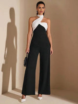 Bice Jumpsuit - Refined Style - Regular Fit - Backless, Button, Zipper - Halter Neckline - Sleeveless - High Waist - Long Length
