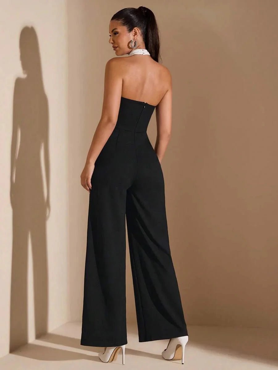 Bice Jumpsuit - Refined Style - Regular Fit - Backless, Button, Zipper - Halter Neckline - Sleeveless - High Waist - Long Length