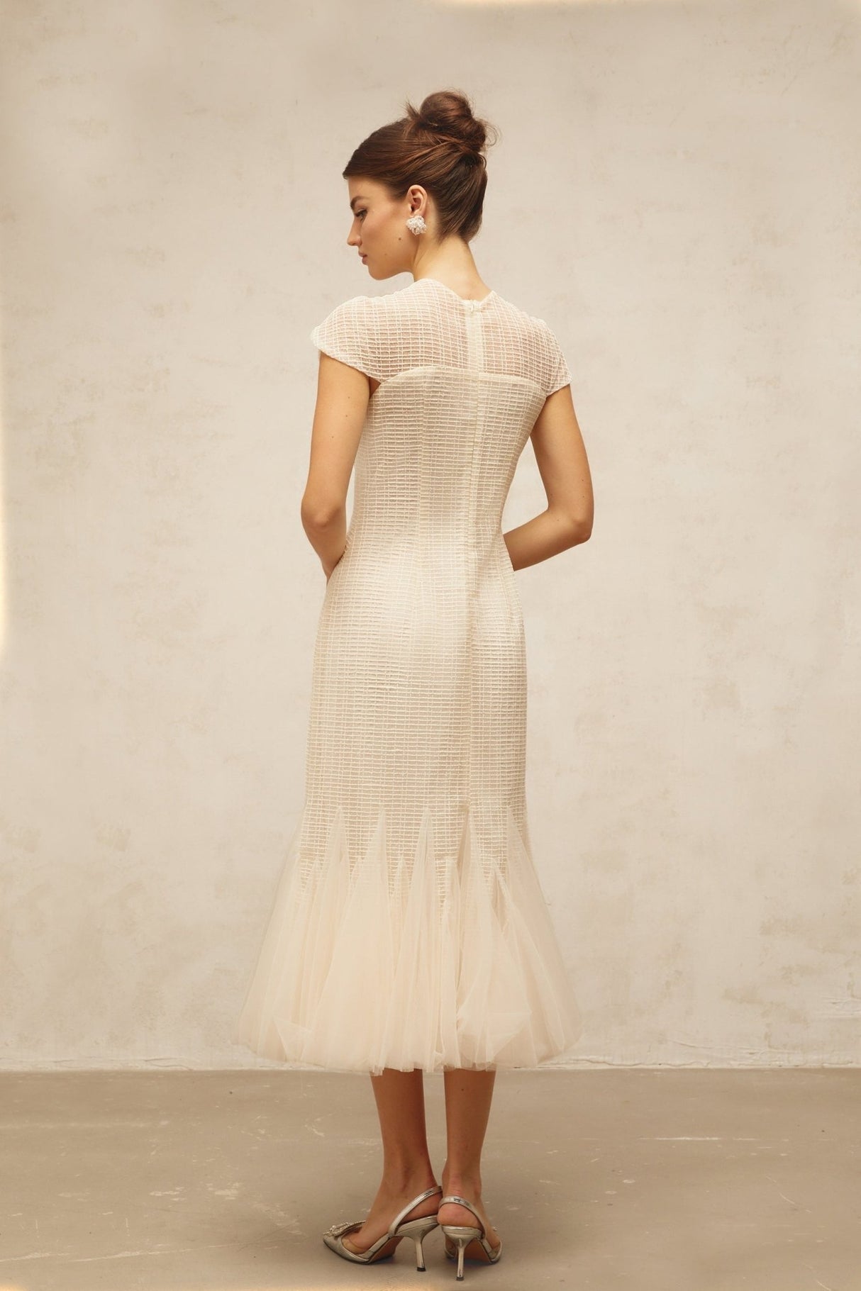 Bice Midi Dress - Cap Sleeves - Jacquard Weave - Tulle Panelling - Cinched Waist