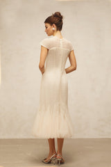 Bice Midi Dress - Cap Sleeves - Jacquard Weave - Tulle Panelling - Cinched Waist