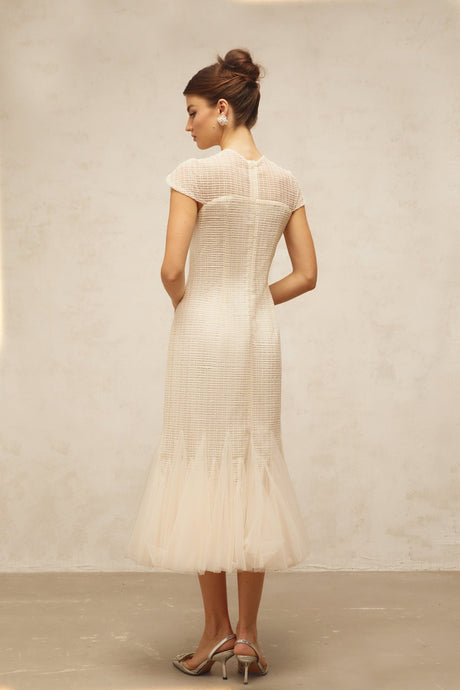 Bice Midi Dress - Cap Sleeves - Jacquard Weave - Tulle Panelling - Cinched Waist