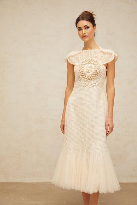 Bice Midi Dress - Cap Sleeves - Jacquard Weave - Tulle Panelling - Cinched Waist