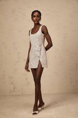 Bice Mini Dress - Crystal Embellished Detail - Cinched Waist - Square Neck - Side Slit
