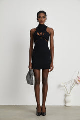 Bice Mini Dress - Sleeveless Round Neck - Twist and Cut - Out Detailing - Stretch