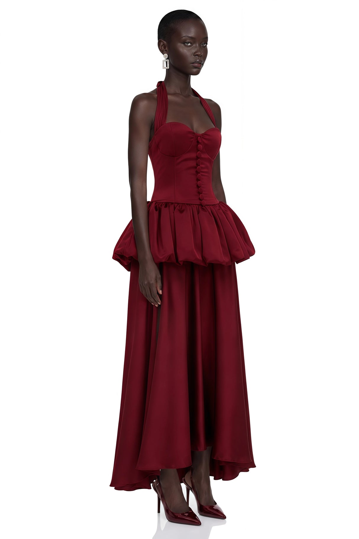Bilun Burgundy Halterneck Bubble Maxi Dress