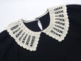 Black A-line Dress with Vintage-Inspired Lace Collar and Puffed Sleeves
