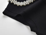 Black A-Line Sleeveless Dress with Pearl Embellished Collar