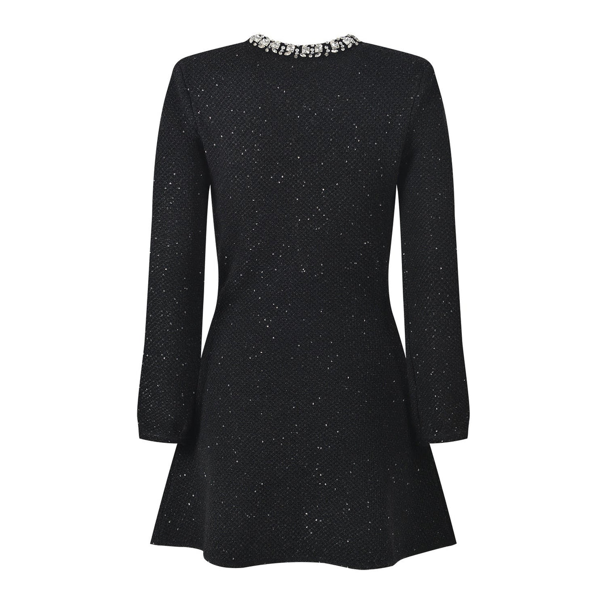 Black A-line structured silhouette dress with crystal details