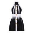 Black and white halter neck A-line dress with gold accents