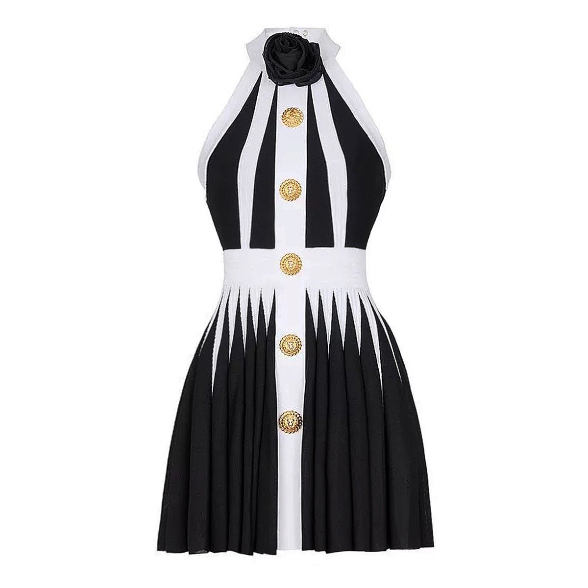 Black and white halter neck A-line dress with gold accents