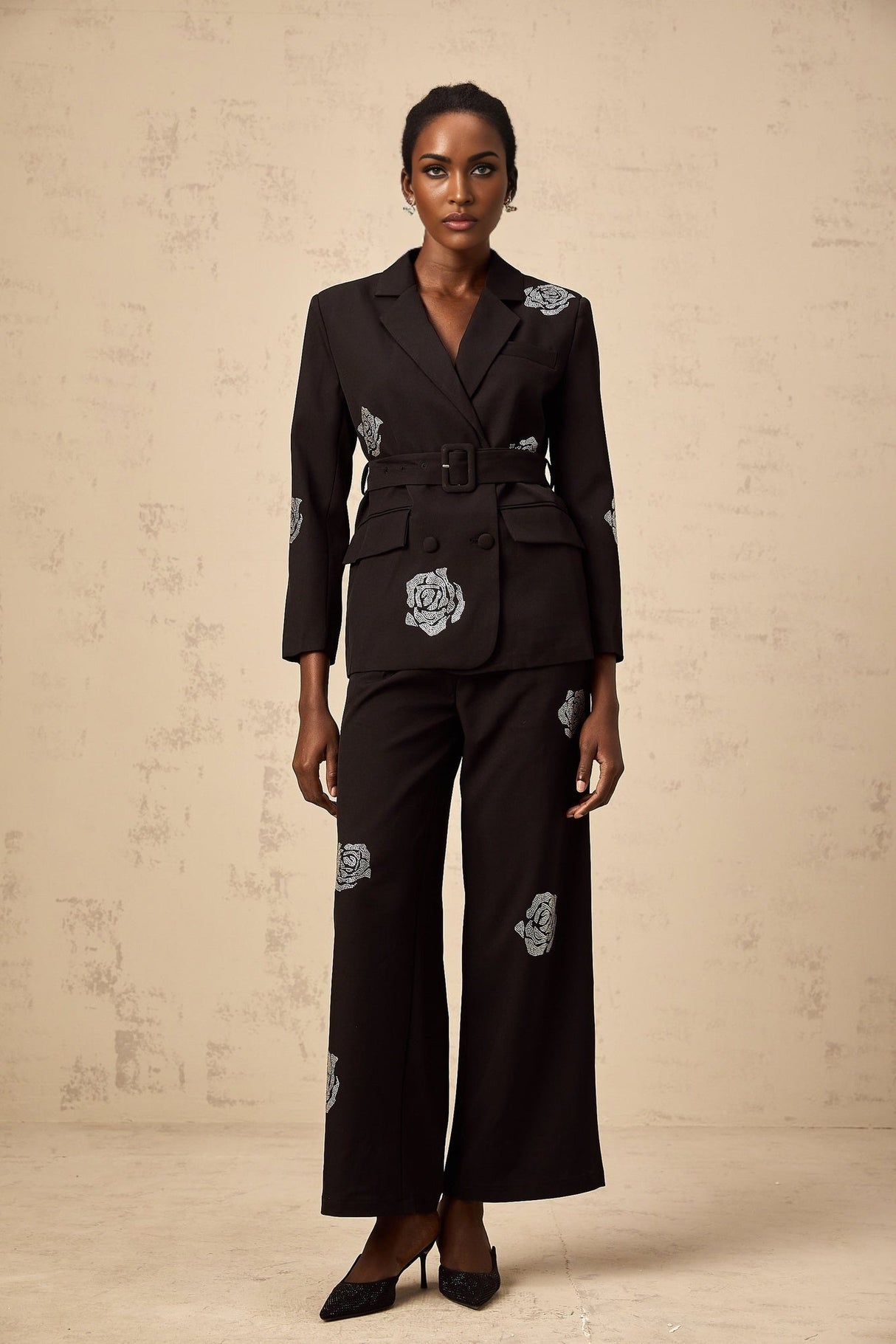 Black blazer and trousers set with studded rose details Phoebe matching outfit