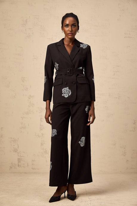 Black blazer and trousers set with studded rose details Phoebe matching outfit